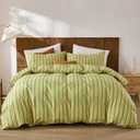 Merryword Khaki & Green Striped Comforter Set Queen, 100% Cotton Reversible Comforter Set 3 Pcs, Luxury Linen Like Bedding, Soft Breathable Lightweight Comforter for All Seasons