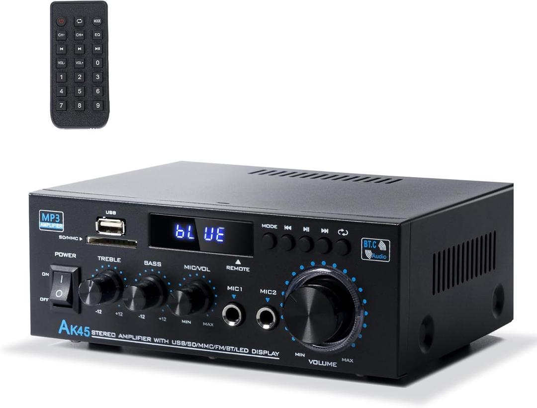 Stereo Receiver & Amplifier Home Audio Amp, AK45 Bluetooth Receiver for Home Stereo, 300Wx2, Bluetooth 5.0, 2 Channel, w/FM & Karaoke, w/USB/SD/RCA/MIC/FM in, w/Remote, for Garage Party Market