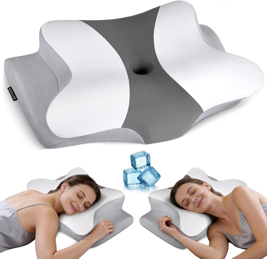 Cervical Neck Pillow for Pain Relief - Ergonomic Pillow Side Sleeper Pillow for Sleeping, Orthopedic Bed Pillow Neck Support Pillow, Contour Memory Foam Pillows for Side Back Stomach Sleepers (Dark Grey & White)
