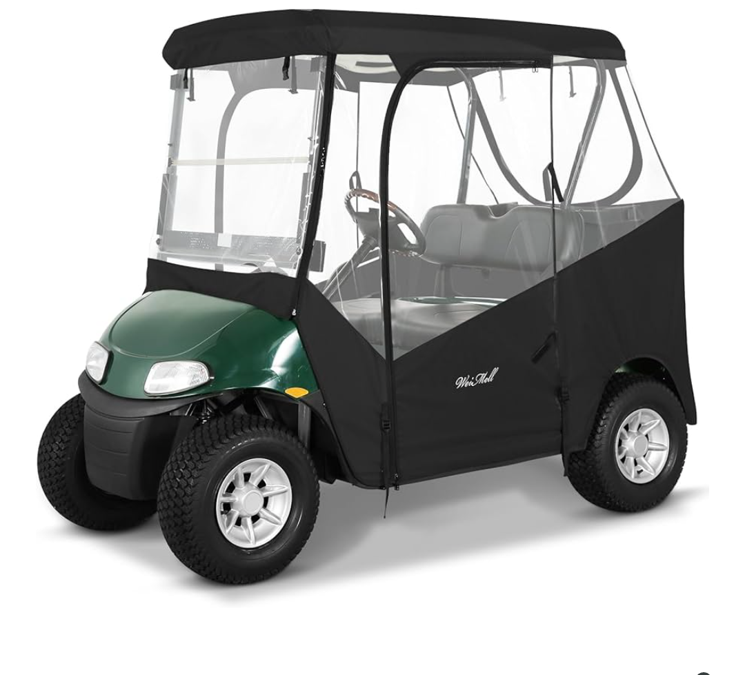 Golf Cart Enclosure 2 Passenger for EZGO TXT RXV 2-Seater 600D Waterproof Transparent Driving Rain Cover 57.5 Inch Roof 4-Sided Clear Windows Roll-Up Door Black