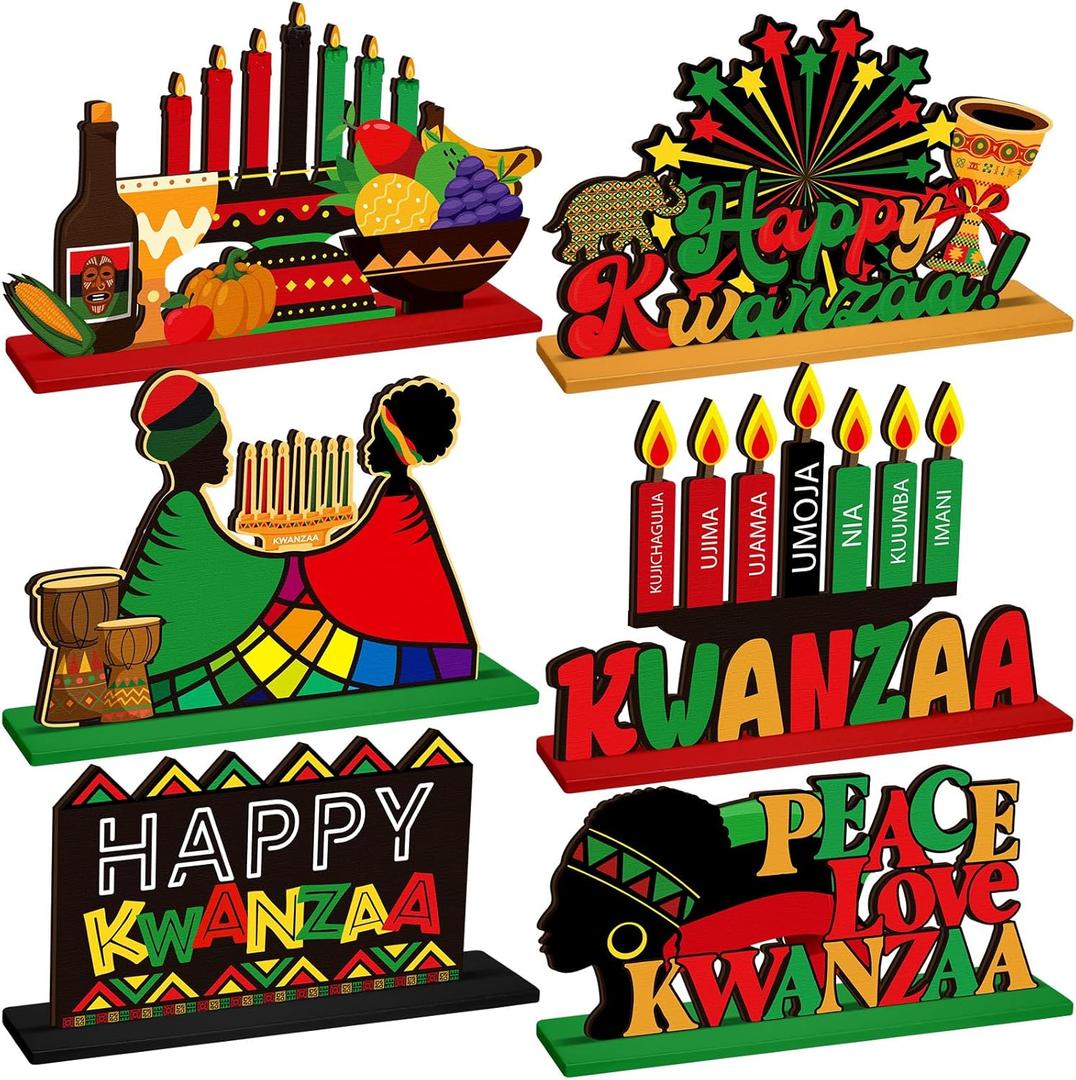 6 Pcs Kwanzaa Table Decorations Happy Kwanzaa Wooden Centerpiece African Heritage Table Sign for Holiday Party Supplies Home