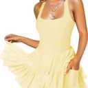 Hragc Women's Tennis Flowy Pleated Ruffle Athletic Dress for Women Halter Neck Sleeveless Mini Golf Dress with Shorts Pocket (Yellow, S)