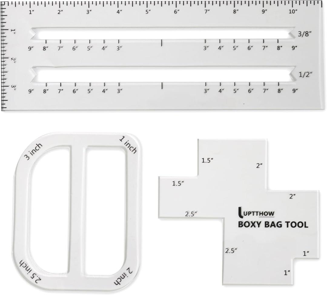 UPTTHOW 3Pcs Boxy Bag Making Templates Notion for Beginners, Clear Acrylic Sewing Tools Set with Boxed Bag, Curve Bag, Zip Pocket (White)