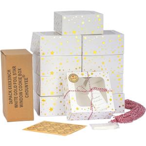 24 Pack 6X6X3 Christmas Cookie Boxes for Gift Giving Gold Foil Star White Bakery Boxes with Window 6 Inch Small Treat Boxes for Mini Cake Pastry Dessert Cupcakes Candy Donut Packaging