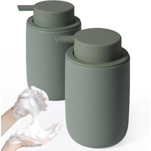 INGOFIN Ceramic Foaming Soap Dispenser Set, 2 Pack (12 oz) Bathroom Foam Hand Soap Dispenser with Pump, Hand and Dish Dispenser Set with 8 Pcs Clear Stickers,for Kitchen- Matte Green