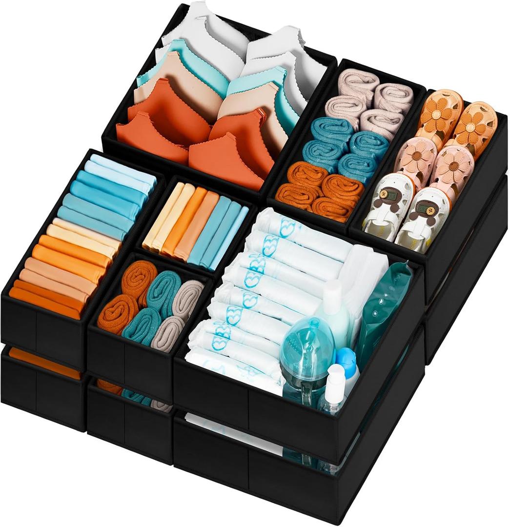 Criusia Drawer Organizer Clothes 12 Pack - Dresser Organizer Bins for Closet, Bedroom, Nursery Organization and Storage - Divider for Sock, Underwear, Bra, Baby Clothes, Small Toys (Black)