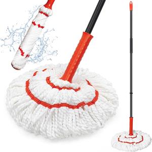 Self Wringing Twist Mop for Floor Cleaning, 57.5 inches Long Handle Cotton String Mop with Wringer, Washable Microfiber Wet Mop with Scouring Pad for Hardwood, Tile, Bathtub, Kitchen