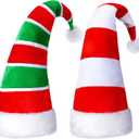 Syhood 2 Pieces Christmas Elf Hats Long Striped Santa Faux Fur Candy Hat for Adults Xmas Holiday Party Costume Accessories (Red Green White, Red White)