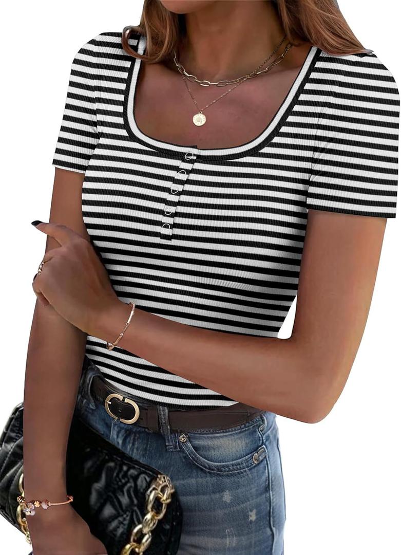 Zeagoo Womens Summer Tops Short Sleeve Shirts Ribbed Knit Square Neck Tshirt Basic Slim Fitted Tee Business Casual Outfit (M)