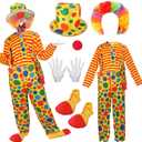 Liitrsh 7 Pcs Halloween Adult Clown Costume Set Includes Halloween Accessories Rainbow Clown Wig Nose White Gloves Bag Clown Shoes Hat for Men Cosplay Party Circus Props Carnival Favors