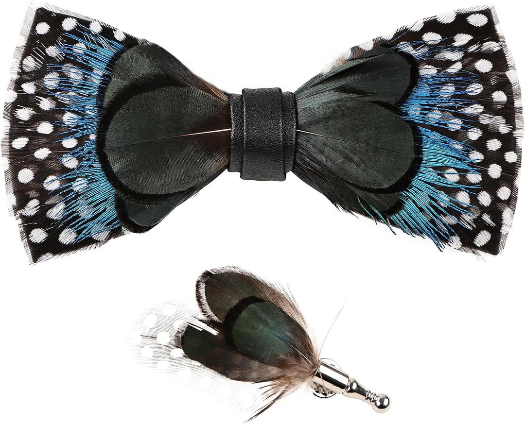 whitefeather Feathers Bow Tie Peacock Pre-tied Bow tie Brooch Sets for Men Adjustable Length Tuxedo Banquet Necktie (Black)