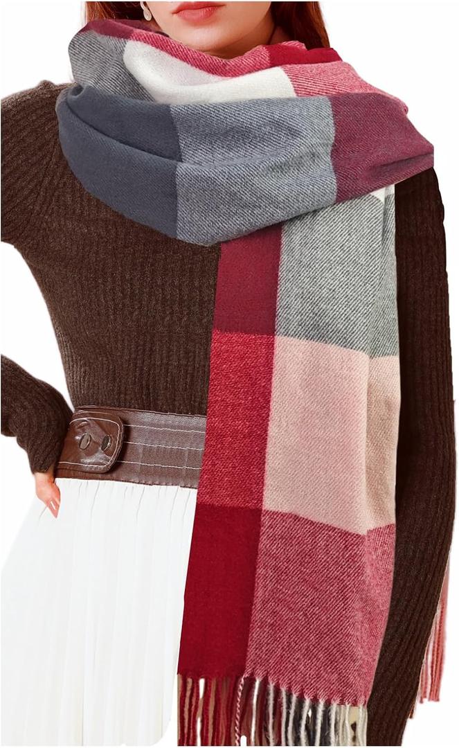 Womens Scarf Winter Blanket Large Scarves Thick Soft Warm Plaid Chunky Scarfs (B-mix Red)