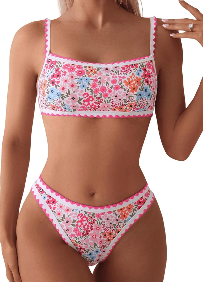 SOLY HUX Bathing Suit for Women Two Piece Floral Print Tie Back Swimsuit Bikini Sets ,Size XL