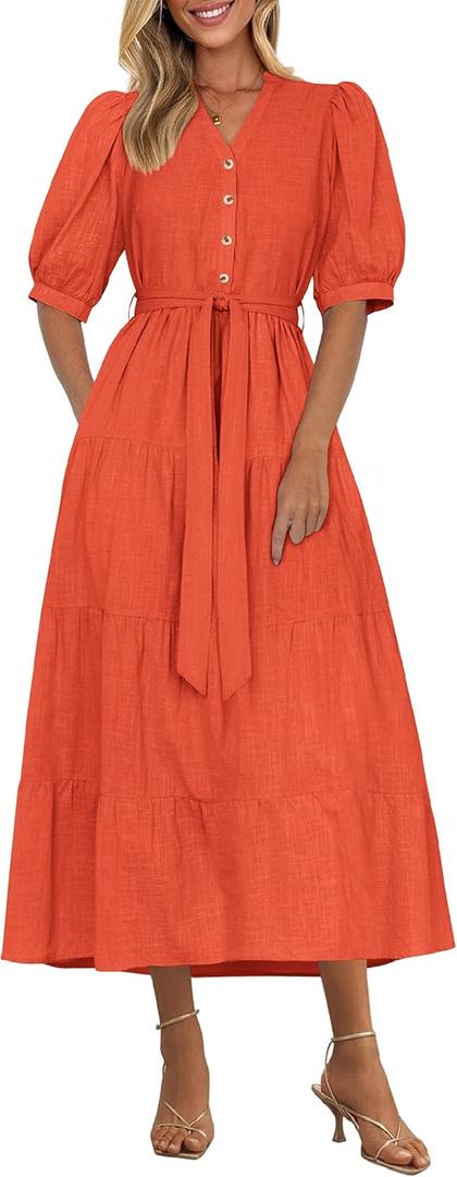PRETTYGARDEN Summer Dresses for Women 2026 Elegant Classy Short Sleeve V Neck Ruffle A Line Belted Long Beach Vacation Dress (Red), Large