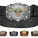 Kicoroiny Western-Style Embossed Leather Belt with Removable Zinc Alloy Bull Buckle for Men Women Unisex Cowboy Cowgirl Country Jeans Casual Pants Skirt 9 Holes 4mm Thick Christmas Birthday Gifts (10 - Black Belt/Bull Buckle(1pack), for 35"-38" waist)