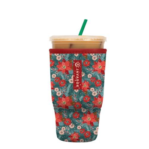Sok It JavaSok Iced Coffee & Cold Soda Insulated Neoprene Cup Sleeve (Pastel Poinsettias, Large: 30-32oz)