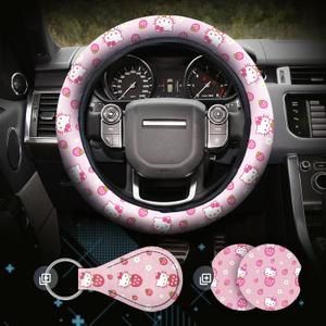 Kitty Accessories Car, Strawberry Pink Hello Cat Wheel Cover, Y2K Car Accessories, Girly Steering Wheel Cover, Universal Fit 14.5-15 inch Auto SUV Vans Trucks, Anti-Slip and Sweat Absorption