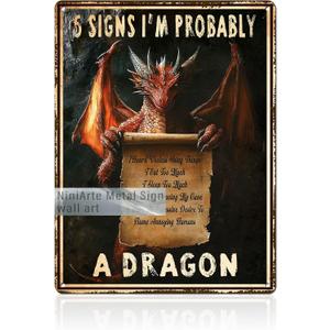 Dragon Signs Bookshelf Decor 5 Signs I'm Probably A Dragon Vintage Wall Art Decor for Home Office Library Cafe Book Lovers 12x16inch