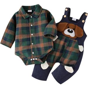 Baby Boy Clothes Infant Outfits Long Sleeve Plaid Bodysuit Romper + Jeans Overalls Jumpsuit Pants Sets (12-18 Months, Green)