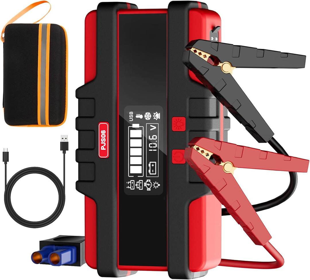 PJS06 - Arrancador de batera de coche de 2500 A, amplificador de batera porttil de 12 V, caja de salto y cargador, con deteccin de voltaje, proteccin integrada y luz de advertencia LED