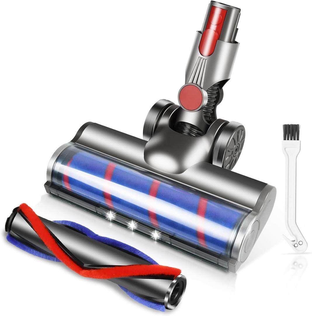 Motorhead Vacuum Attachments Brush for Dyson V7 V8 V10 V11 V15 Series Cleaner with Headlights, Round Soft Roller Head + V Shape Roller Brush Head for Hardwood Floor Carpets