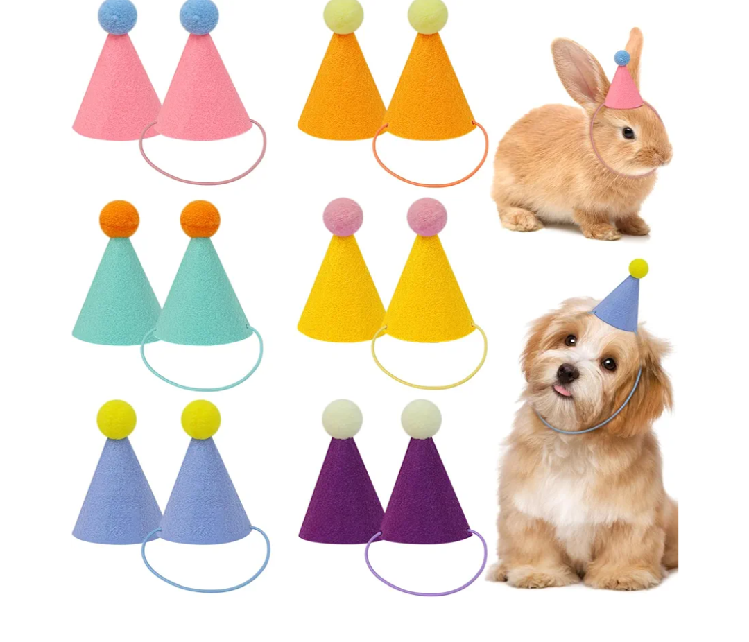 6 pcs Mini Party Hats for Stuffed Animals, Birthday Party Cone Hats Dolls Dog Cat Rabbit Puppies Assorted Animal Birthday Decorations