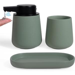 INGOFIN Automatic Ceramic Bathroom Accessory Set - 3 Pcs Auto Liquid Soap Dispenser Touchless, Toothbrush Holder & Tray, Smart Electric Bathroom Counter Set for Home, Guest Room, or Office, Green