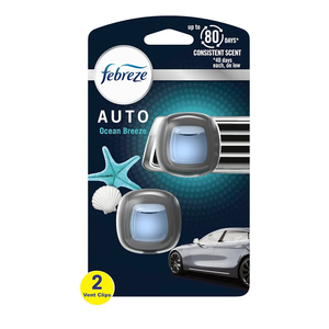 Febreze AUTO Air Freshener Vent Clip Ocean Breeze Scent, 2.2 mL Car Vent Clip, Pack of 2