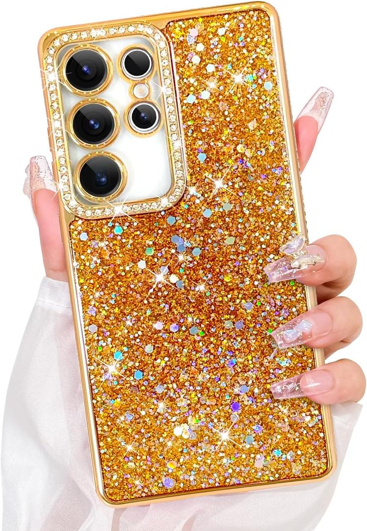 Bonoma Glitter Case for Samsung Galaxy S25 Ultra,Luxury Bling Sparkly Rhinestone Shiny Diamonds Electroplated Cover for Women Girls,Soft Shockproof Protective Phone Case-Gold