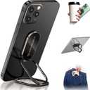 Phone Ring Holder Finger Kickstand, 360 Rotation Foldable Ultra-Thin Metal Cell Phone Back Hand Grip for Magnetic Car Mount & Office Desktop, Adjustable Cellphone Stand for iPhone 16 iPad Smartphones (Adhesive- Black)