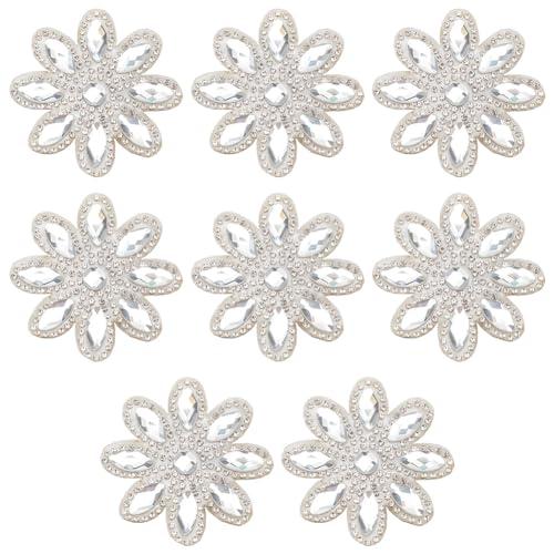 FINGERINSPIRE 7 Pcs Flower Hotfix Rhinestone Appliques 2.2x2 Diameter Iron on Crystal Patches White Flower Rhinestone Appliques Crystal Dress Belt Embellishment Applique for Women Bridal Party Dress
