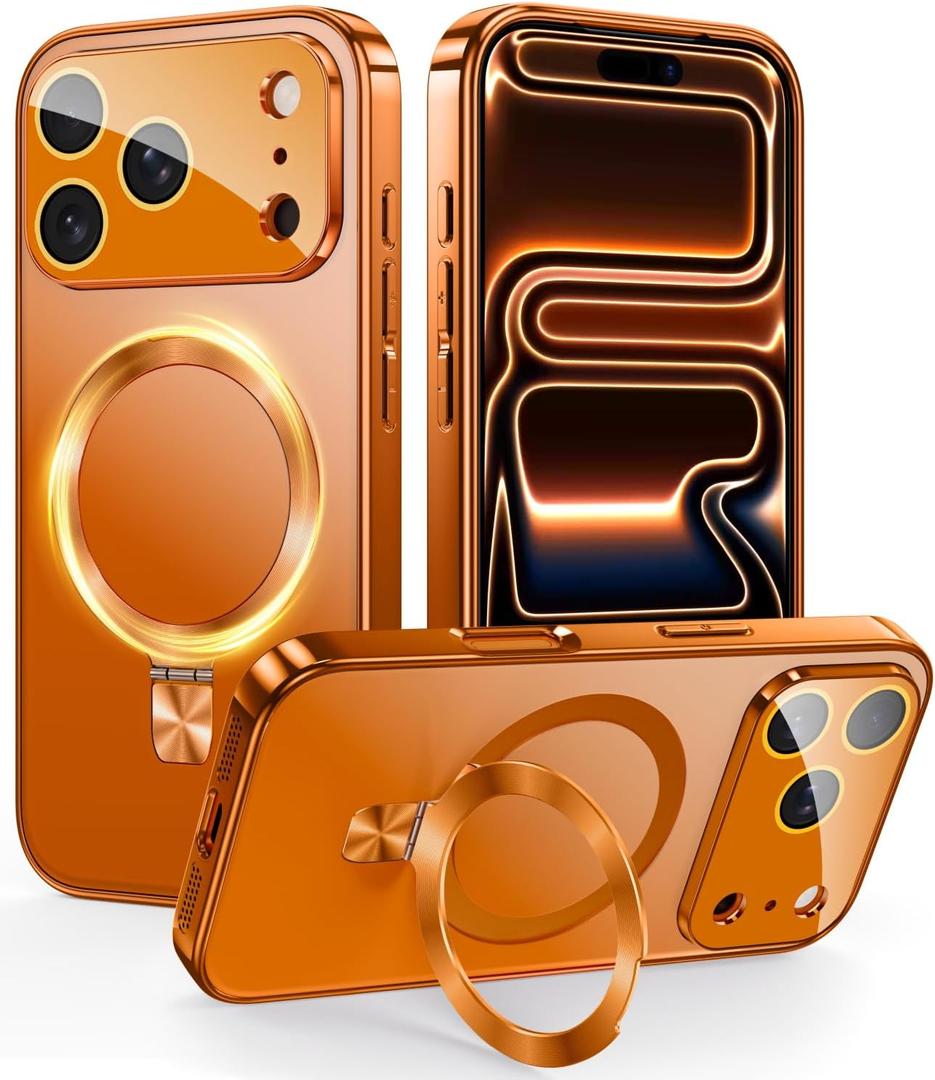 TOBOVON Magnetic for iPhone 17 Pro Max Case with Ring Stand, Fits MagSafe, with Built-in Camera Lens Protector, Slim Electroplated Shockproof Phone Cover, Orange