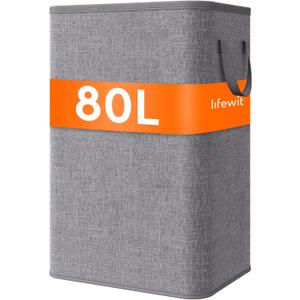 Lifewit 80L Large Tall Laundry Hamper, Collapsible Laundry Basket with Handles, Foldable Clothes Hampers for Laundry, Portable Dirty Clothes Hamper for Dorm College Badrom Bathroom, Light Gray