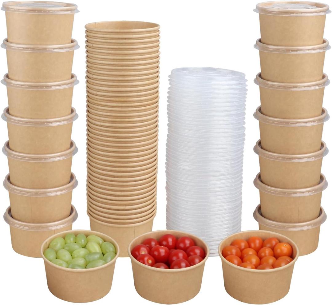 14 oz Disposable Kraft paper bowls with lids, Food containers Soup Bowls Party Supplies Treat Bowls, 50 Pack