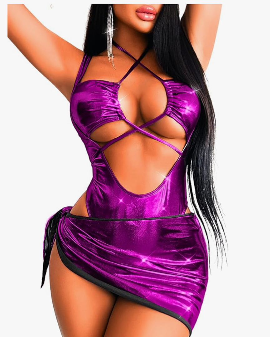 Kaei&Shi Metallic Swimsuit,Cut Out Keyhole Backless Sexy Thong Bodysuit,Rave Outfit for Women Festival Concert Outfits, L