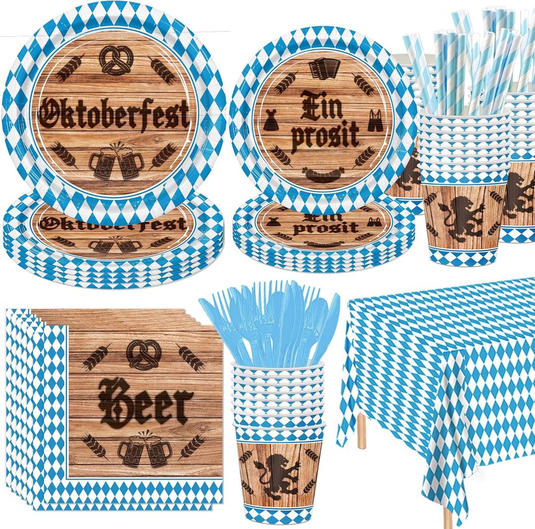 161 Oktoberfest Party Supplies Dinnerware Set - Bavarian German Design with Plates Cutlery Cups & Tablecloth-Blue Diamond Themed Decor for 20 Guests Perfect for Beer Festival, Oktoberfest Celebration