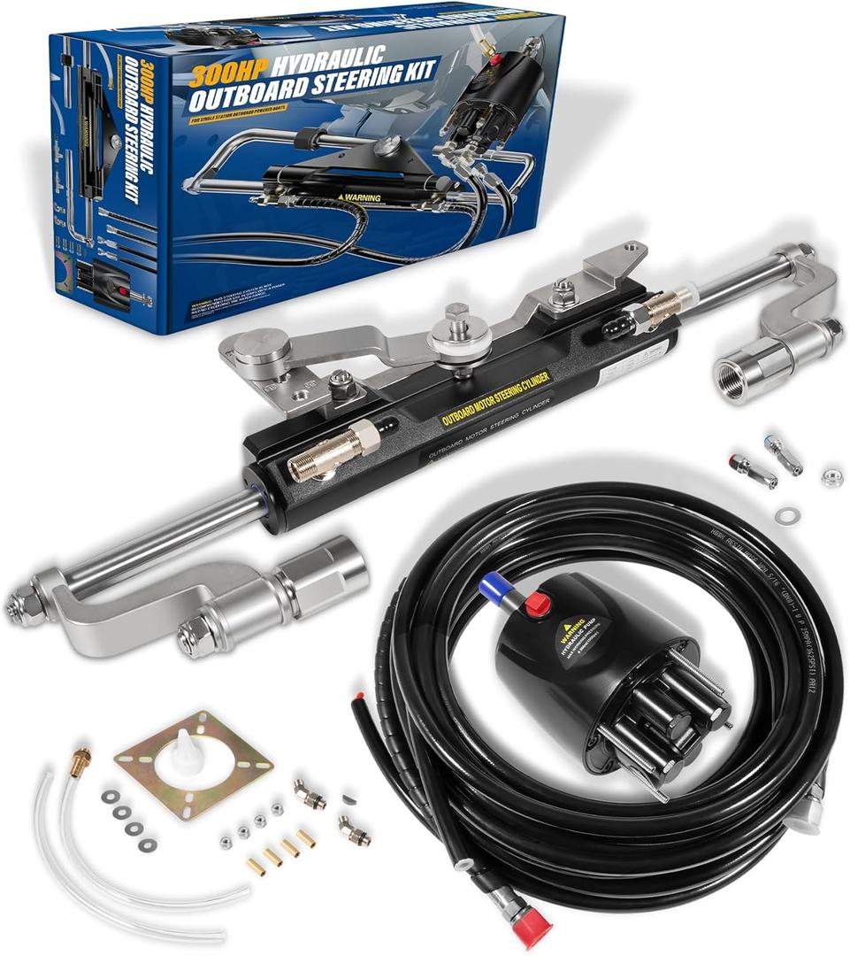 Camoo Outboard 300HP Hydraulic Steering Kit, Marine Boat Steering System with Helm Pump, Hydraulic Cylinder, 2 x 26ft High-Strength PU Hoses, Compatible with Most Single Outboard-Powered Boats
