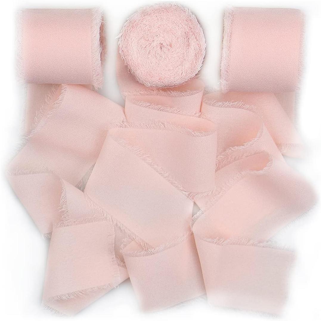 SHUNSTONE Blush Pink Chiffon Ribbon Fringe Silk Ribbon 1.5 x 7Yd Ribbon for Wedding Decoration, Gift Wrapping, Greeting Card, Bridal Bouquet (3 Rolls 21 Yards)