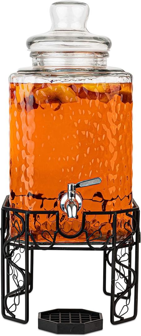 2.5 Gallon Glass Beverage Dispenser with Stainless Steel Spigot, Metal Stand, and Drip Tray  Mason Jar Style Drink Dispenser for Parties, Iced Tea, Water, Lemonade, and More