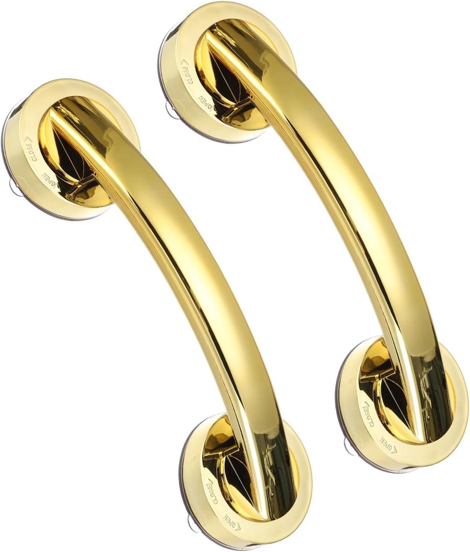 uxcell 2pcs Grab Bars for Bathtubs and Showers, 7.6" Mirror Glass Door and Window Handles Powerful Shower Suction Cup Anti-Slip Safety Bars for Senior Shower Chairs Gold