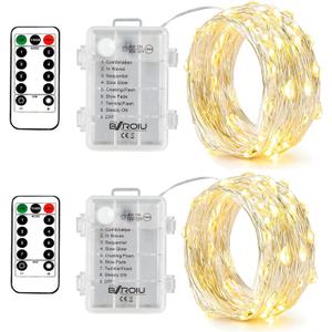 BXROIU 2 x Fairy Lights Battery Operated, Silver Wire Chains 8 Mode 16Ft/5Meter 50 LEDs Timer String Lights with Remote Control for Bedroom Christmas Party Wedding Decoration(Warm White)