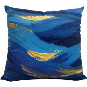Blue and Gold Throw Pillow Cover 18x18, Soft Velvet Abstract Art Decorative Cushion Case, Modern Oil Painting Design for Sofa Couch Living Room (1 Pack, No Insert)