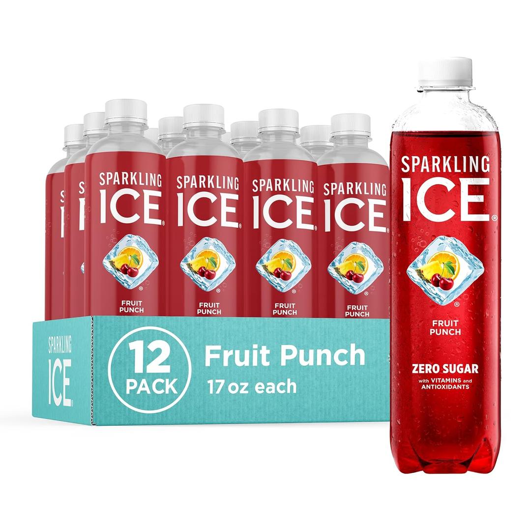 Sparkling Ice, Fruit Punch Sparkling Water, Zero Sugar Flavored Water, with Vitamins and Antioxidants, Low Calorie Beverage, 17 fl oz Bottles (Pack of 12) (EXP 12/18/26)