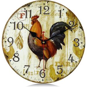 Lafocuse 12 Inch Silent Wooden Rooster Clock for Kitchen, Farmhouse Decorative Wall Clock for Living Room Battery Operated