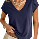 Womens Cotton Tops Cap Short Sleeve Crop V Neck T Shirts Boxy Casual Basic Spring Summer Tee (Small)