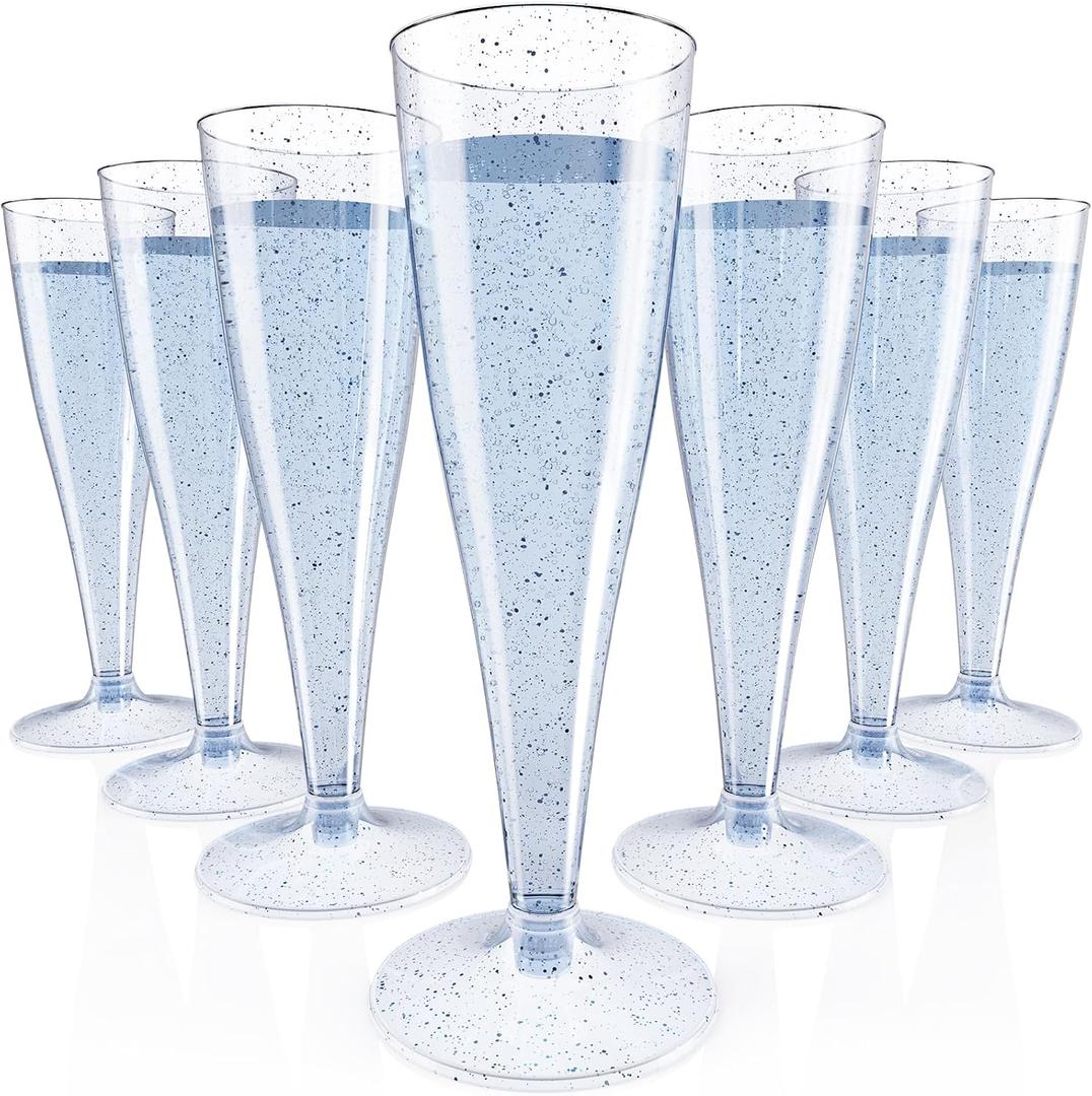 JOLLY CHEF 100 Pack Plastic Champagne Flutes Disposable 4.5 oz Blue Glitter Plastic Champagne Glasses Perfect for Wedding, Thanksgiving Day, Christmas