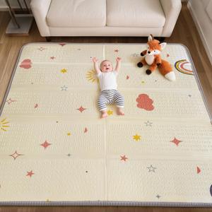 Mallify Extra Large Foldable Play Mat, Reversible Baby Play Mat with Edge Reinforcement, Non-Toxic & Waterproof Baby Mat for Floor, Foam Playmat with Travel Bag, Rainbow, Cloud & Moon, 79"x71"