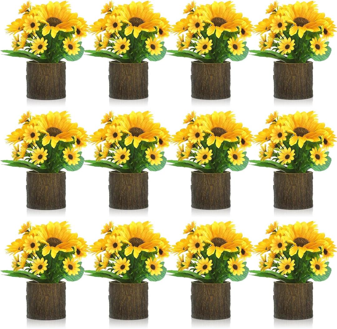 Lyrow 12 Pcs Sunflowers Artificial Flowers Sunflower Flower Bouquet in Planters Summer Fake Faux Floral Rustic Potted Flower Arrangements Table Centerpiece for Vase Summer Home Indoor Outdoor Decor
