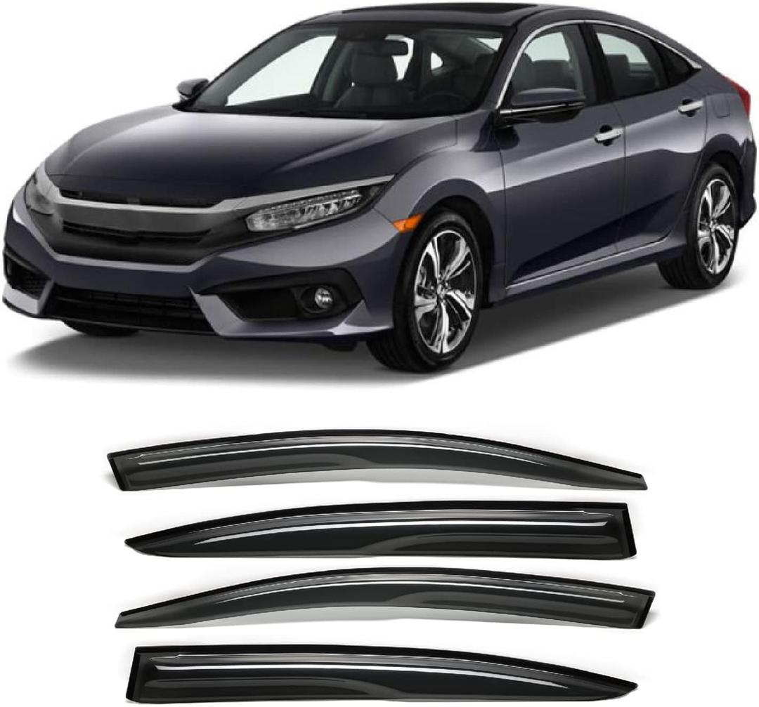 Tape-On Rain Guard 4-Piece for 2012-2016 Honda Civic Sedan 4dr Windows Visor Shield Shade Smoke 94462 (Black)