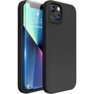 Miracase Designed for iPhone 13 Case, with Tempered Glass Screen Protector, [Soft Anti-Scratch Microfiber Lining], Shockproof Liquid Silicone Rubber Phone Cover Case for 13 6.1 inch, Black